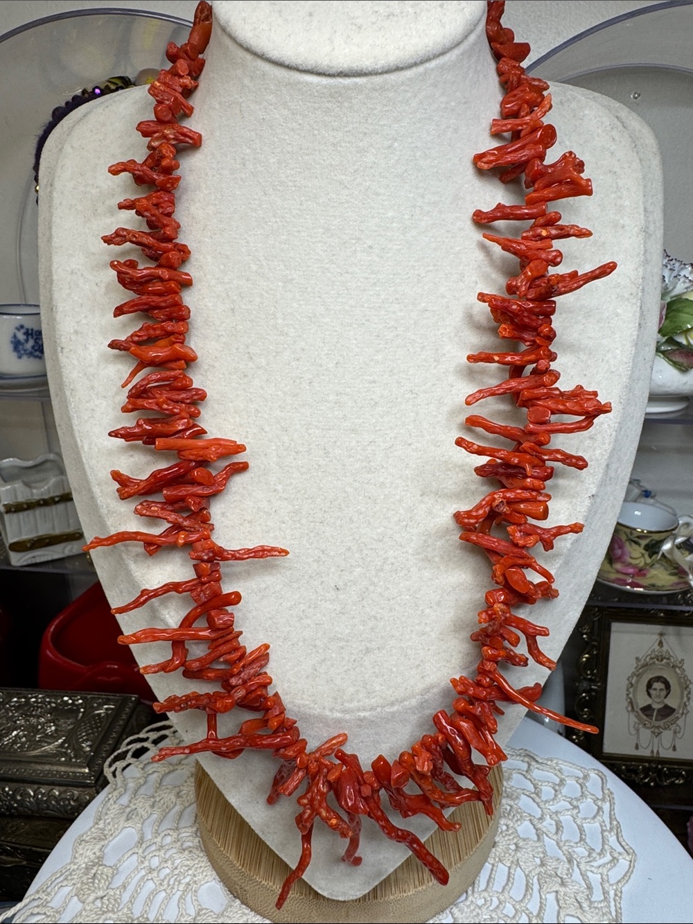 Vintage Red Long Branch Coral Necklace Stamped Clasp 22”
